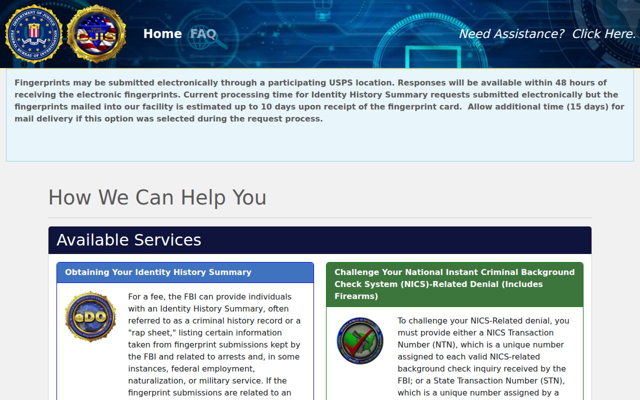 FBI electronic identity history portal for a Lincoln County arrest record self-review