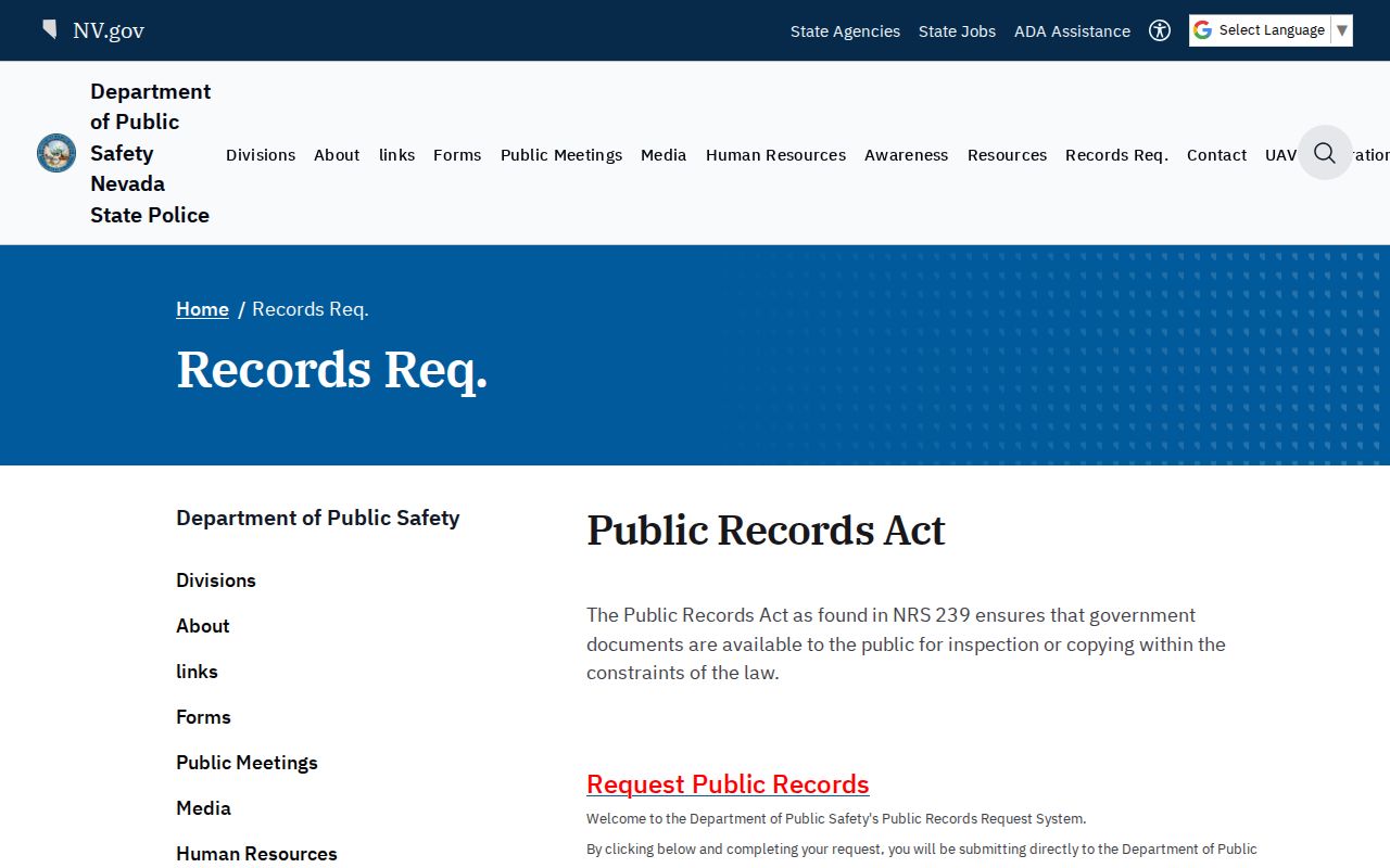 Nevada DPS request channel for Lincoln County state police arrest records