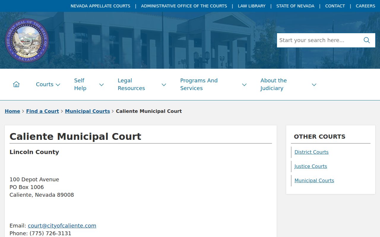 Caliente criminal records Nevada Judiciary court directory