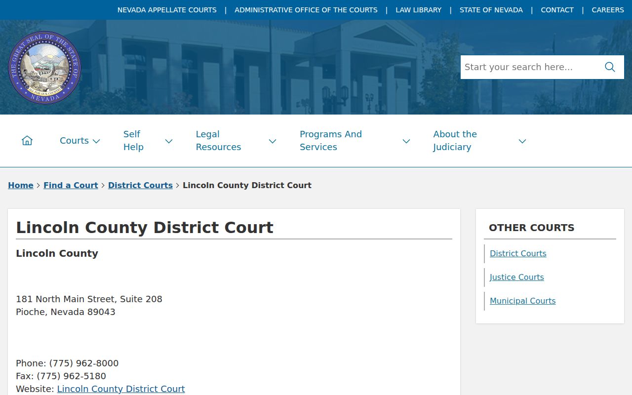Nevada Judiciary listing for Lincoln County District Court case records